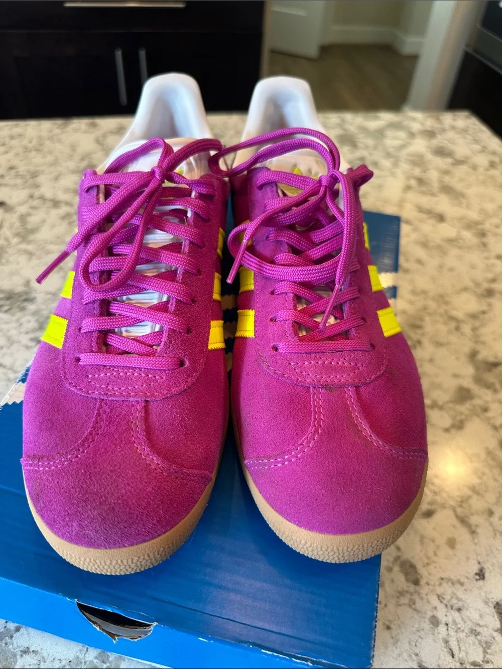 NWT Women’s Adidas Gazelle Sneakers in purple burst & solar yellow. Size 8.5